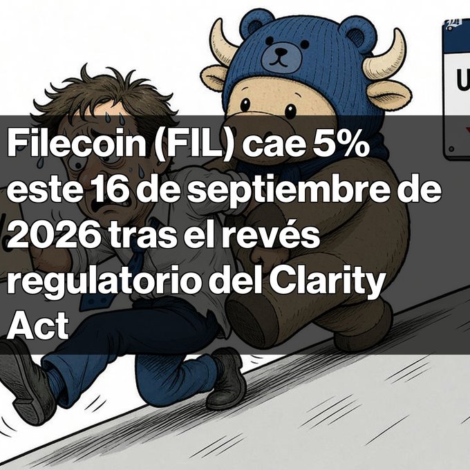 A cartoon illustration shows a sweaty man running while carrying a large bear mascot wearing a blue knit hat, overlaid with Spanish text reading "Filecoin (FIL) cae 5% este 16 de septiembre de 2026 tras el revés regulatorio del Clarity Act," illustrating the post's news about FIL dropping 5% to $0.82 amid regulatory setbacks and high trading volume.