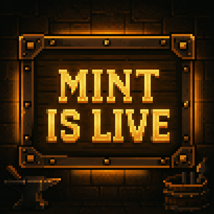 A pixel art sign with a glowing orange border reading 'MINT IS LIVE' against a dark stone-textured background.