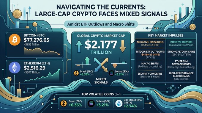 An infographic titled 'Navigating the Currents: Large-Cap Crypto Faces Mixed Signals' showing Bitcoin at $77,276.65, Ethereum at $2,516.29, and a global crypto market cap of $2.177 trillion.