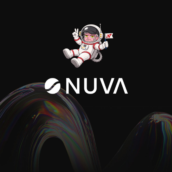 A promotional graphic featuring an astronaut cat holding a flag in space, with the 'NUVA' logo displayed prominently below it against a black background with iridescent wave patterns at the bottom.