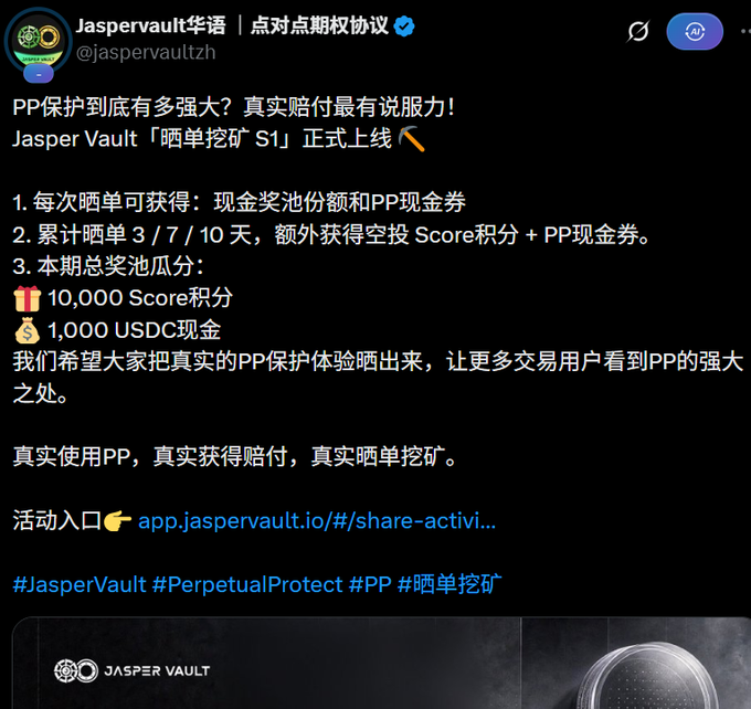 A screenshot of a Chinese tweet from 'Jaspervault华语' (@jaspervaultzh) promoting a 'PP' mining campaign with rewards including 10,000 Score points and 1,000 USDC cash.