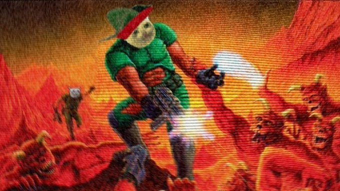 A retro video game-style image of a green-armored character with a sword and shield battling red, demon-like creatures against a fiery orange-red landscape.
