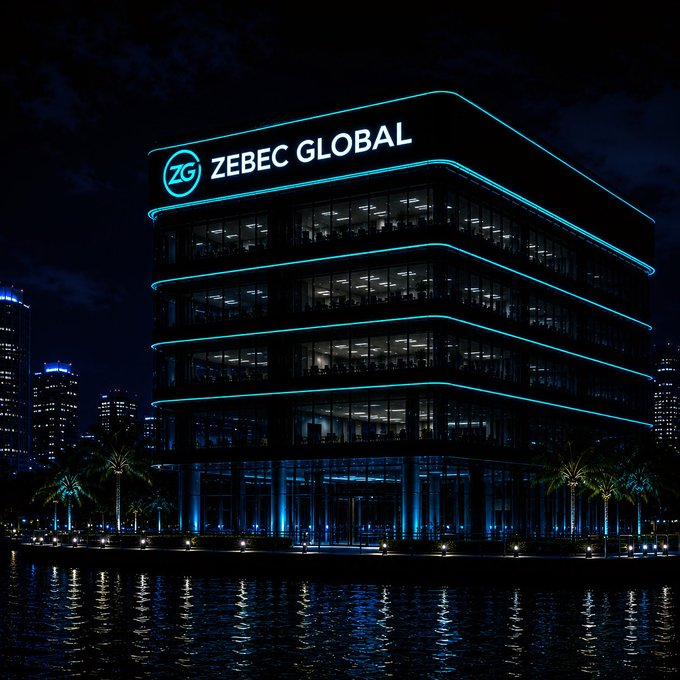 A nighttime photograph of a modern glass office building illuminated with cyan LED trim, prominently displaying the 'Zebec Global' logo on its facade, surrounded by palm trees with reflections on water below.