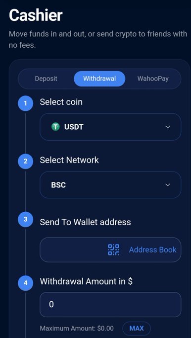 A clean Cashier withdrawal interface showing a 4-step process for cashing out USDT via BSC network, with the current step being "Send To Wallet address" — visually demonstrating the simple, step-by-step withdrawal experience the post highlights.