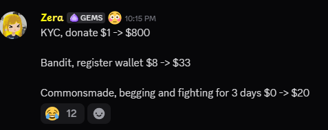 A Discord message from Zera in the GEMS channel at 10:15 PM highlights impressive profit gains from the past 30 days: KYC up from $1 to $800, Bandit up from $8 to $33, and Commonsmade up from $0 to $20 after three days of begging and fighting, earning 12 laughing reactions. The post ties to a lesson shared by @0xAlphaGEMs, showcasing the community's successful trading results.