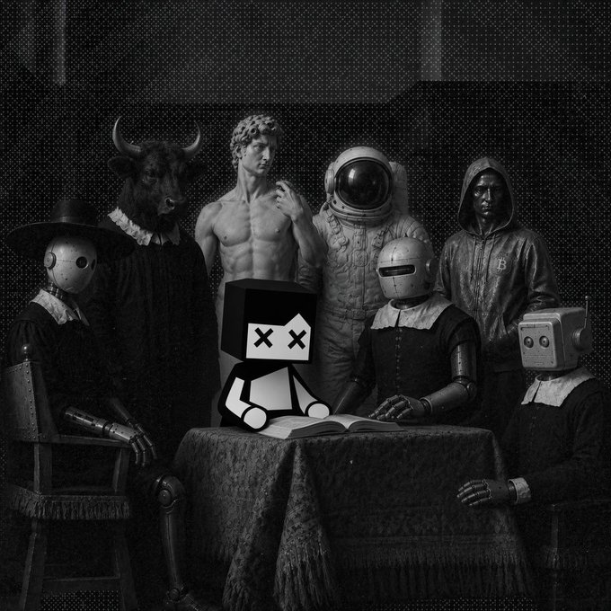 A surreal black-and-white composition featuring a group of figures gathered around a table, including a statue, an astronaut, a bull-headed figure, and a robot reading a book, with a pixelated character with X-X eyes in the center.