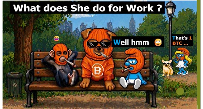 A pixel art meme showing characters on a park bench with text 'What does She do for Work ?', 'Well hmm', and 'That's 1 BTC...'.