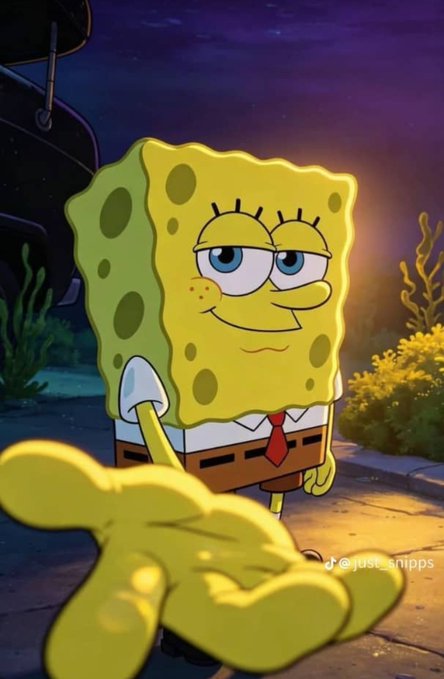 AI-generated art of SpongeBob SquarePants in a dramatic cinematic style, looking down at his outstretched hand with a watermark @juse_snipp.