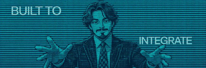 A stylized teal-tinted image of a man in a suit with outstretched hands, overlaid with the text "BUILT TO INTEGRATE." The post discusses Fhenix's privacy-focused approach to Ethereum, and the "BUILT TO INTEGRATE" tagline visually reinforces the idea that Fhenix is designed to work within and enhance the existing Ethereum ecosystem rather than replace it.