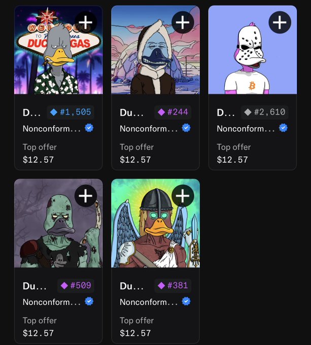 The image displays five Nonconformist Duck NFTs in a collection grid, including variants labeled with ranks #1,505, #244, #2,610, #509, and #381, each priced at a top offer of $12.57. These correspond to the user's cherished "OG" ducks—their Upper Class 1:1, Vegas, Jason, Zombie, and Angel—referenced in the post as beloved pieces they hope will eventually join the prestigious "222 Legacy Ducks."