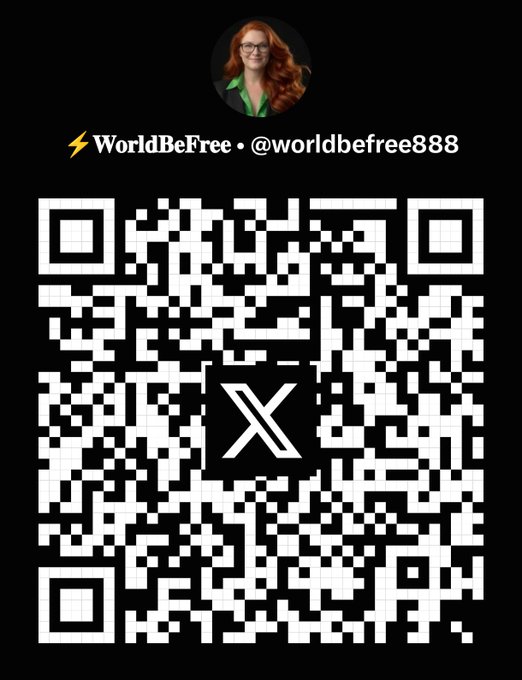 A QR code displayed on a black background with a profile picture and the handle "WorldBeFree • @worldbefree888" above it, featuring a large X logo in the center.