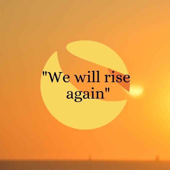 A yellow circle with a phoenix-like design rises against an orange sunset background, overlaid with the text "We will rise again." The imagery symbolizes hope for recovery and a potential bull run for LUNC and USTC on the Terra Classic chain, reflecting the post's optimism about growing burns, increased community and oracle pool funding, and overall chain improvements despite price dips.
