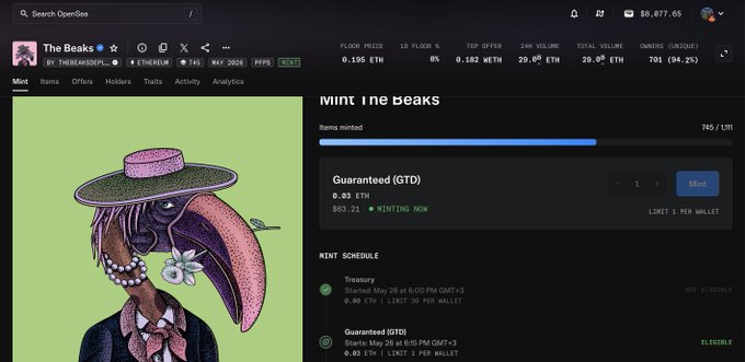 The image shows a website with a cartoon character wearing a pink hat sitting next to a green background. The text on the screen reads "Mint Ne Breaks" and "Guaranteed CTV(TM)". The website also displays information about the minting process, including the time it took to mint around 67% of the tokens and the current floor where they are sitting at 0.2 ETH.