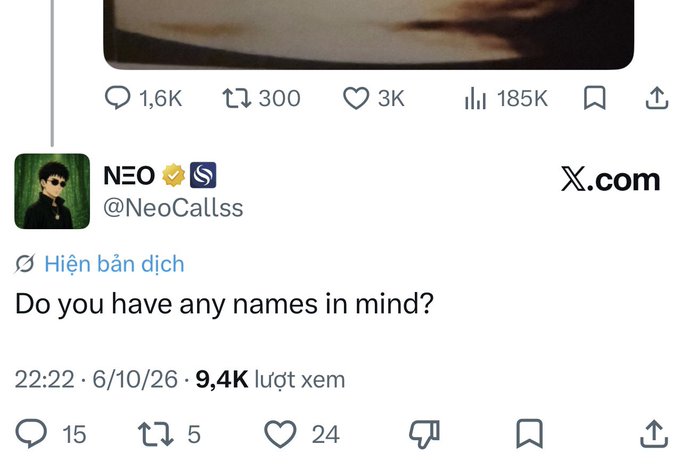 The screenshot shows a tweet from verified user NEO (@NeoCallss) posted at 22:22 on 6/10/26 with 9.4K views, simply asking "Do you have any names in mind?"—appearing to be a response soliciting baby name suggestions, which connects to the accompanying post's discussion about Yi He and "Brother Bằng's" newborn. The tweet shows modest engagement with 15 replies, 5 retweets, and 24 likes.