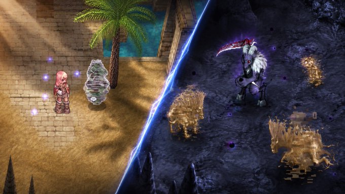 A split-screen RPG battle scene from Ragnarok Landverse America, showing a light-haired character with a small companion on a sandy path beside palm trees on the left, contrasted against a dark lair featuring a tall, scythe-wielding demonic figure and a large boss creature surrounded by golden, swirling effects on the right. The dramatic lightning divide between the two scenes visually represents the Alpha Zone's transition from familiar Ragnarok maps to the challenging 100M HP Prototype Baphomet encounter mentioned in the promotional post.