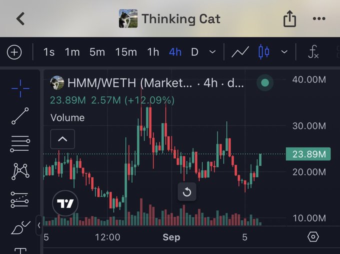 A TradingView-style cryptocurrency chart titled 'Thinking Cat' showing the HMM/WETH trading pair on a 4-hour timeframe, currently at 23.89M with a +12.09% gain and volume of 2.57M.