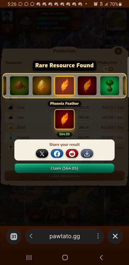 A mobile game interface showing a 'Rare Resource Found' notification for a Phoenix Feather, with a claim button offering $64.05 and sharing options visible.