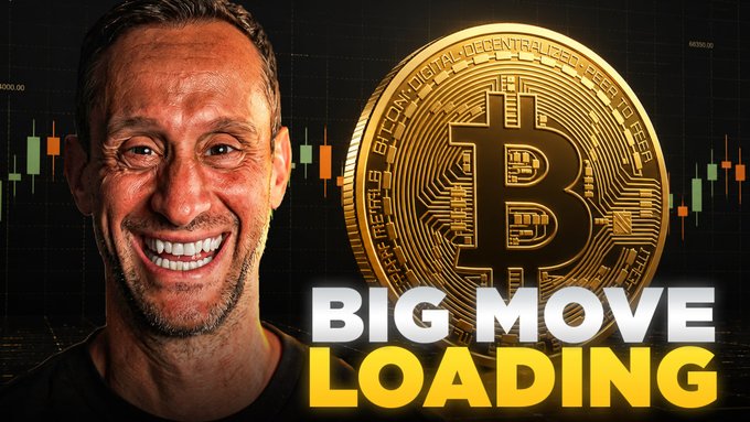 A smiling man appears next to a large gold Bitcoin graphic with the text 'BIG MOVE LOADING' overlaid on a candlestick price chart background.