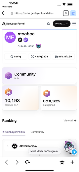 A mobile screenshot of the GenLayerPortal showing user profile 'meobeo' with address 0x4a49...8695, 10,193 Claimed GLP, joined Oct 8, 2025, and a Ranking section with Alexei Denisov at #1.