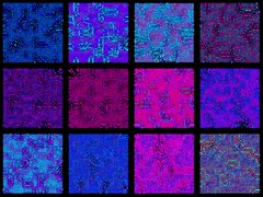 A grid of nine textured squares in shades of blue and purple with a mottled, abstract pattern.