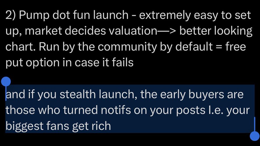 Text outlining a 'Pump dot fun launch' strategy, suggesting market-determined valuation and a stealth launch where 'early buyers are those who turned notifs on.'