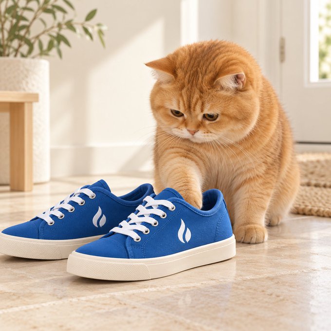 An orange tabby cat sits on a tiled floor behind a pair of blue canvas sneakers with white laces.