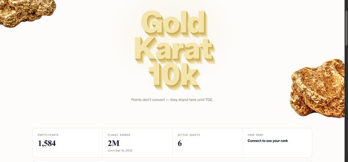 A Gold Karat 10k achievement screen displaying 1,584 participants, 2M players earned since Sep 18, 2026, and 6 active quests with the message 'Points don't convert — they stand here until TGE.'
