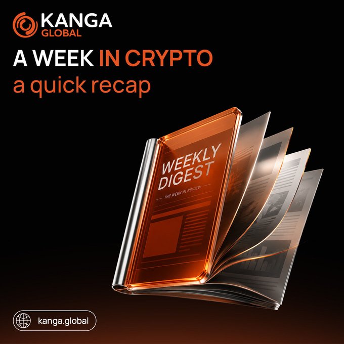 A promotional graphic for 'KANGA GLOBAL' featuring a stylized 3D magazine or digest on a black background, with text reading 'A WEEK IN CRYPTO a quick recap', 'WEEKLY DIGEST', and 'kanga.global'.