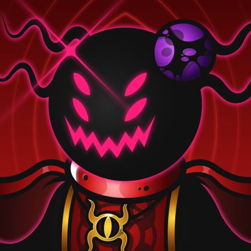 A digital illustration of a menacing jack-o'-lantern character with glowing pink eyes and a jagged mouth, wearing a spiked red collar, set against a dark red, spider-like background.
