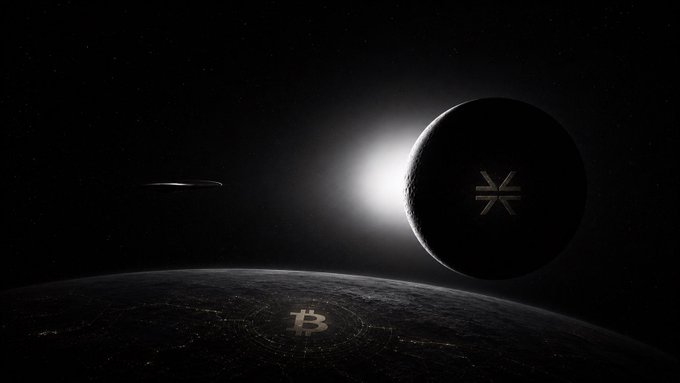 A dramatic cosmic scene shows a planet marked with the Bitcoin (₿) symbol orbiting near another celestial body inscribed with a star-like emblem, with a distant ringed planet silhouetted against a bright star. The image visually reinforces the post's message by suggesting that emerging technologies like Bitcoin are part of constructing humanity's future among the stars.