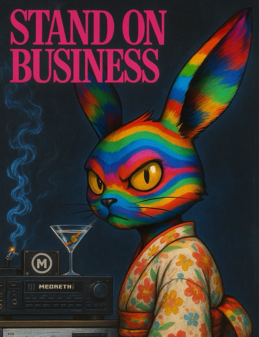 A colorful digital illustration featuring a rainbow-striped cat with large yellow eyes wearing a floral shirt, standing next to a stereo system labeled 'MEDORETH' with a martini glass, under the pink text 'STAND ON BUSINESS'.