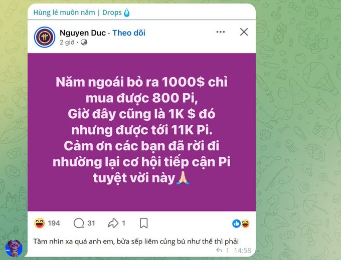 A Vietnamese social media post by Nguyen Duc from 'Húng lều muôn năm | Drops' featuring a purple background with text discussing Pi cryptocurrency, noting that 1000$ previously only bought 800 Pi but now 1000$ gets 11K Pi.
