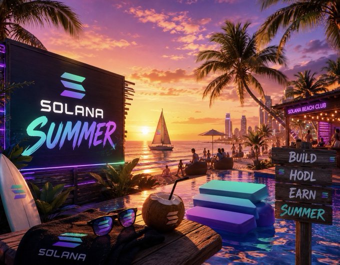 The image features a beach scene with palm trees, people enjoying themselves by the water, and a large screen displaying "Solana Summer" written in blue neon letters. The sun is setting over the ocean, creating a warm and inviting atmosphere for relaxation and leisure activities.