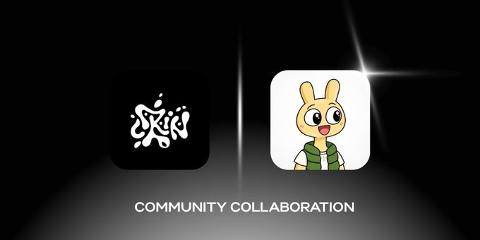 Two app icons are displayed on a dark background with the text 'COMMUNITY COLLABORATION' below; the left is a black icon with white calligraphy, and the right is a white icon featuring a cartoon rabbit character.