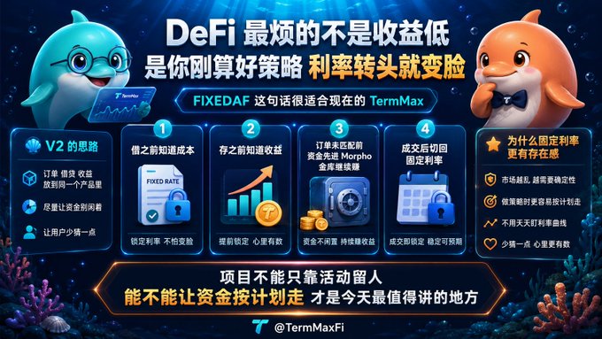 A promotional graphic for TermMaxFi featuring two cartoon dolphins, highlighting DeFi strategies like fixed rates, pre-set returns, and assets like USDT, BTC, ETH, and SOL, with Chinese text explaining the limitations of variable DeFi yields.