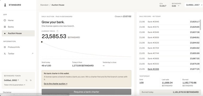 A screenshot of the 'STANDARD' banking web interface showing an 'Auction House' page with a current bid of '23,585.53 STANDARD' for a 'BANK' license, with a sale record list on the right showing various bank numbers and prices, and wallet address '0x88ad...9062' for the $STANDARD token.