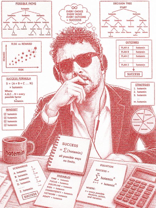 The image depicts a contemplative man in sunglasses surrounded by diagrams and charts labeled with the word "hotemin," illustrating decision trees, risk-vs-reward plots, success formulas, and various strategies.

In the context of the post, the repetitive "hotemin" branding satirically represents the endless cycle of crypto tokens ($ket, $ansem, etc.) taking turns pumping, suggesting that despite different tickers and influencers leading each rally, the underlying pattern of speculative success remains the same.