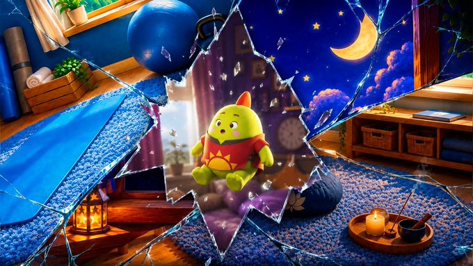 A digital illustration showing a green cartoon character in a red shirt bursting through a shattered glass window into a cozy room with candles, a blue exercise ball, and a starry night sky with a crescent moon visible through the broken window.