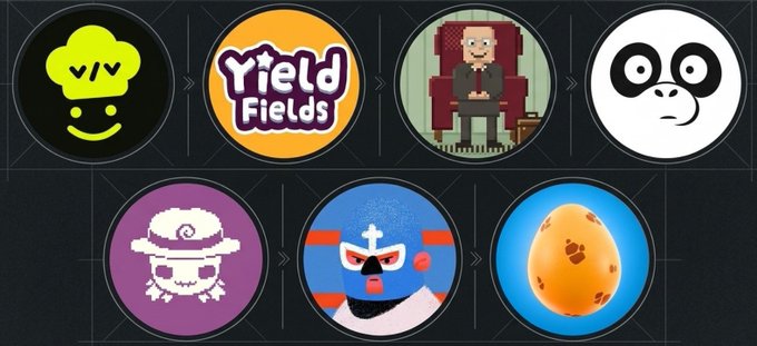 A collection of seven circular profile icons, including a 'Yield Fields' logo, a pixel-art character, and various character avatars.