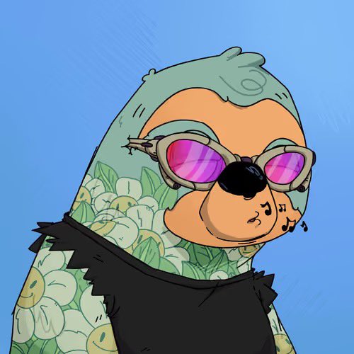 A cartoon illustration of a character wearing a green hood with lemon patterns, pink reflective sunglasses, and a black scarf against a blue background.