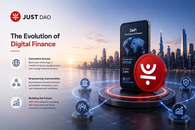 A promotional graphic for JUST DAO titled 'The Evolution of Digital Finance' featuring a smartphone displaying 'DeFi The Future of Finance' alongside highlights about Innovative Access, Empowering Communities, and Building the Future.