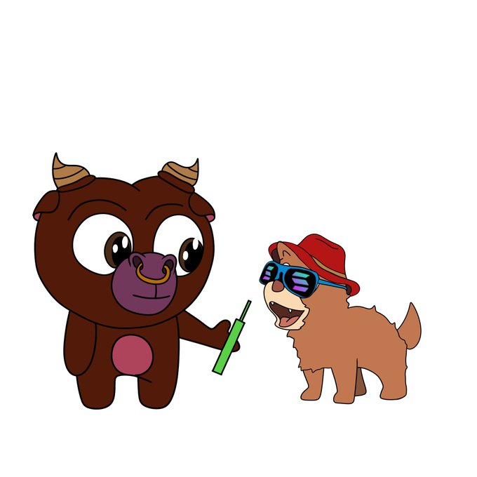 The image features a cartoon depiction of a brown dog wearing sunglasses, holding a green object (possibly a toy or a remote control) while standing next to a brown bull with horns. The caption below the image reads "Hehe. Congratulations to @bertcoincto for pretty epic achievement. Genuinely wishing for this move to onboard even more users to $BERT".