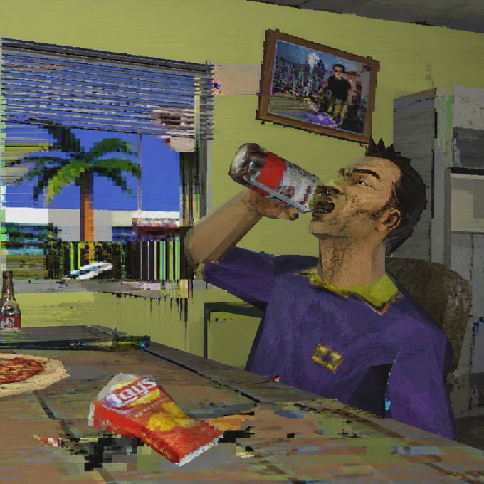 A low-resolution, pixelated digital illustration in the style of an early 3D video game, showing a man in a purple shirt drinking from a can, with a bag of "Lay's" chips, pizza, and a bottle on the table before him.