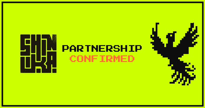 A bright yellow graphic announcing 'PARTNERSHIP CONFIRMED' between Shin Chan (SHIN CHAN logo) and what appears to be a partnership with an eagle/phoenix emblem on the right side.