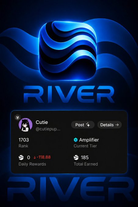The image features a poster with a blue background, featuring a logo of a blue wave and the word "RIVER" written below it. Below this, there's a list of details about the app, including its name, creator, and a description of what it does. The main focus is on how the app can help build a sustainable ecosystem by aligning incentives throughout the chain.