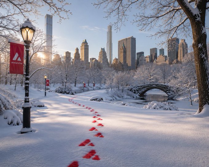 A snowy winter scene in Central Park featuring a stone bridge over a partially frozen pond, red footprints trailing through the snow, an ornate lamppost with a red banner, and the New York City skyline in the background.
