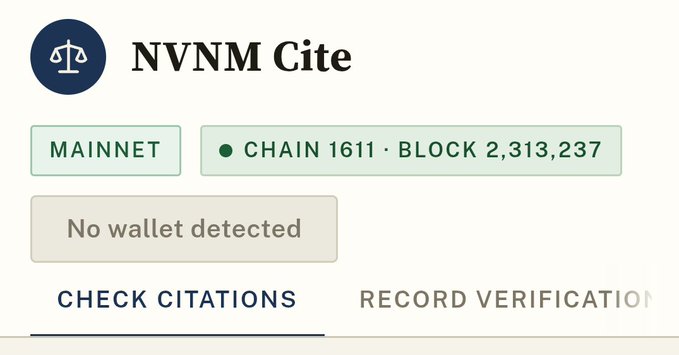 Interface for 'NVNM Cite' showing a 'MAINNET' status for 'CHAIN 1611 · BLOCK 2,313,237' with 'No wallet detected' and tabs for 'CHECK CITATIONS' and 'RECORD VERIFICATION'.