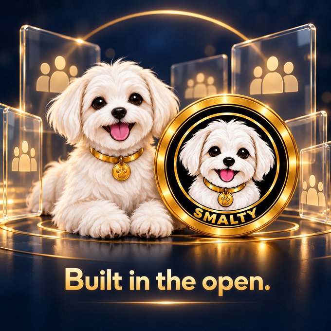 A promotional image for 'SMALTY' showing a smiling white dog with a gold collar next to a gold coin featuring the same dog, with the tagline 'Built in the open.'