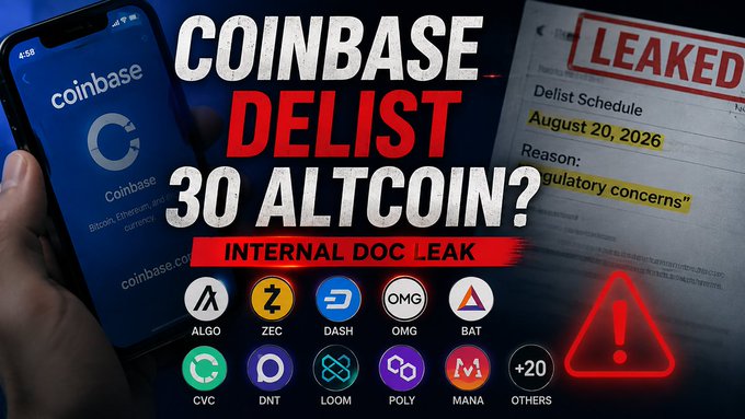 A YouTube thumbnail-style graphic titled 'COINBASE DELIST 30 ALTCOIN?' with 'INTERNAL DOC LEAK', showing a phone displaying the Coinbase app and a leaked document dated August 20, 2026, with crypto logos including ALGO, ZEC, DASH, OMG, BAT, CVC, DNT, LOOM, POLY, MANA, and '+20 OTHERS' alongside a red warning triangle.