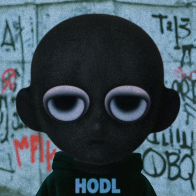 A dark, creepy doll-like figure with large white eyes stands against a graffiti-covered wall, wearing a hoodie with 'HODL' written on it.